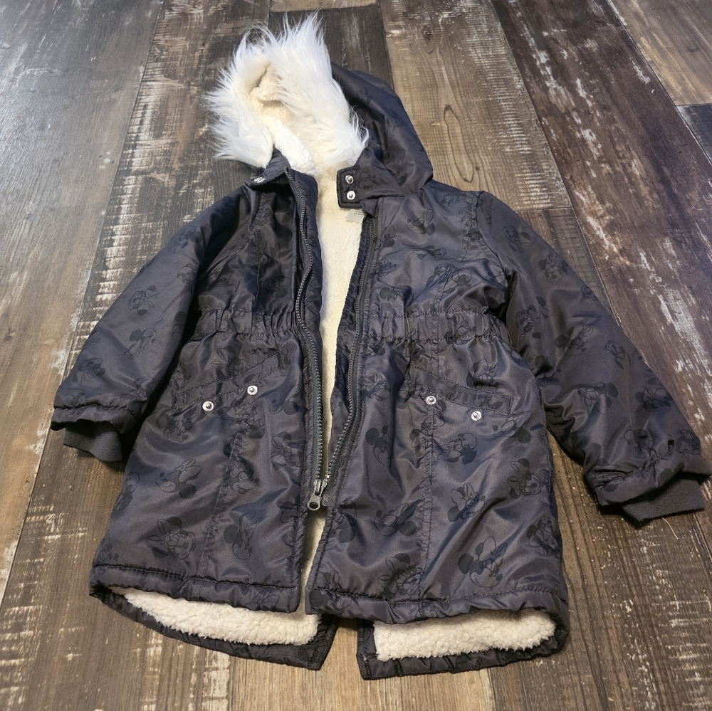 Disney Black Puffer Jacket with Faux Fur Hood - Picture 1 of 10